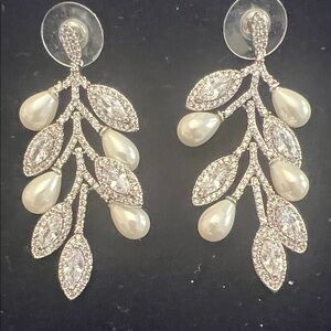 Pearl Drop Leaf Crystal Earrings - Silver Tone
